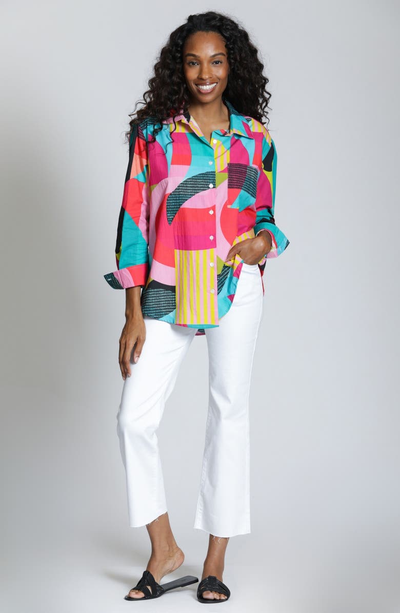 APNY Print Cotton Button-Up Shirt, Alternate, color, Turquoise Multi
