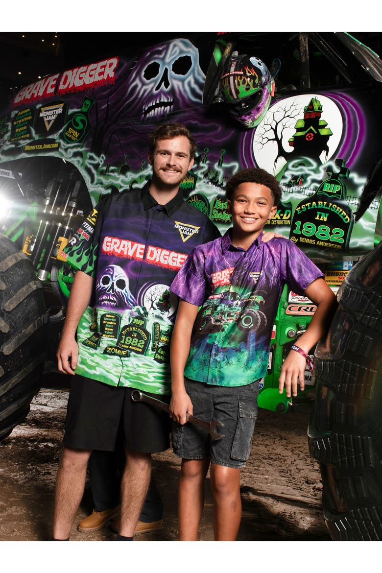 Grave Digger Short Sleeve Button Down Shirt, Alternate, color, Grave Digger Green
