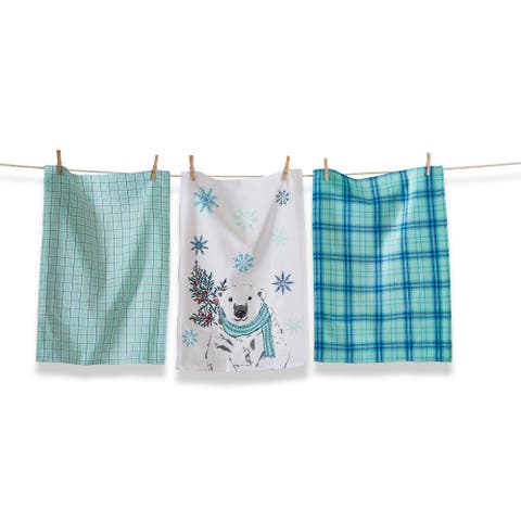 Alpine Glow Bear Aqua Blue Dishtowel Set of 3 Cotton Towels