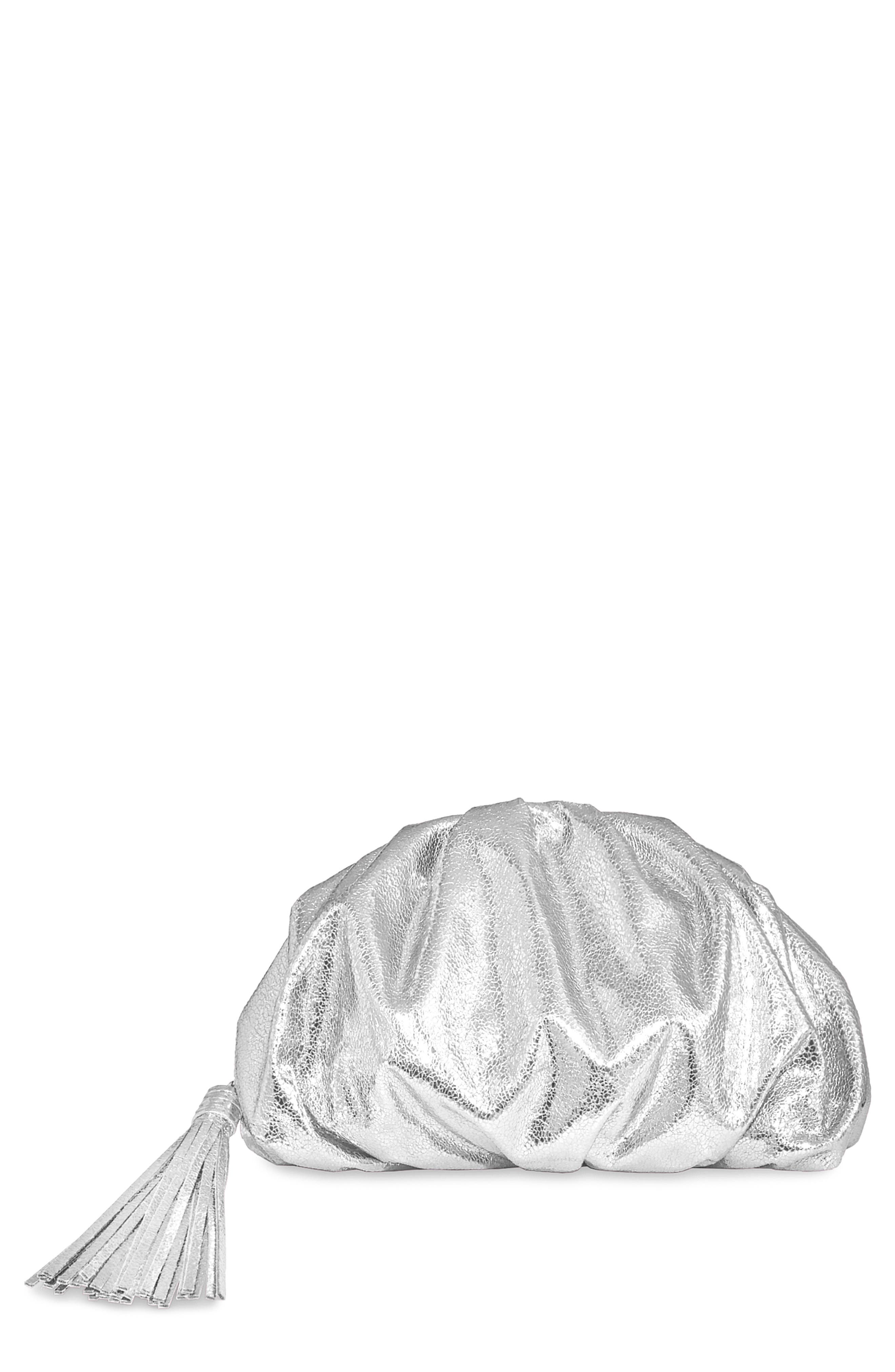 Rebecca Minkoff Ruched Faux Leather Clutch, Main, color, Silver