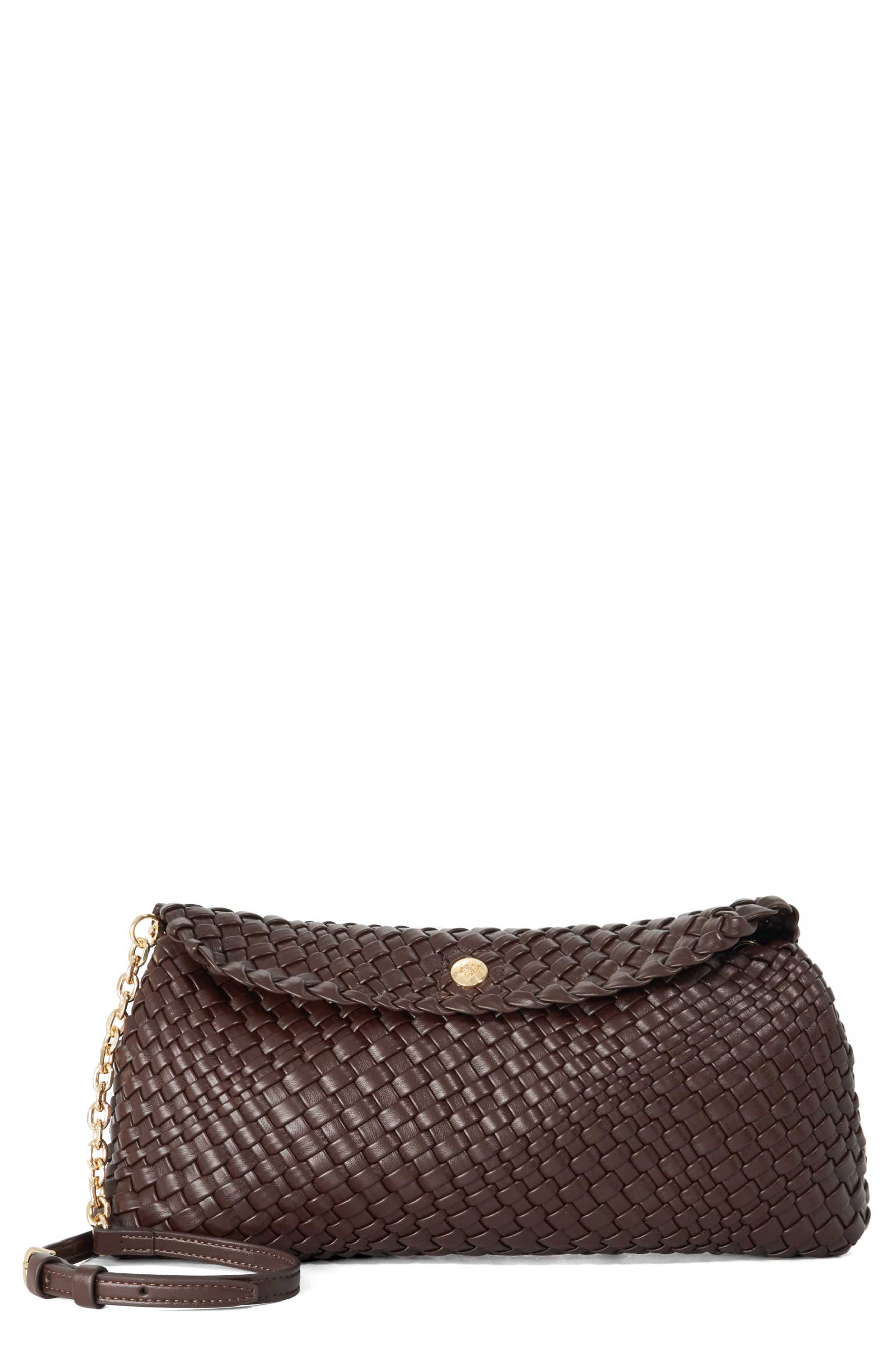 Encourage Woven Faux Leather Clutch, Main, color, BROWN