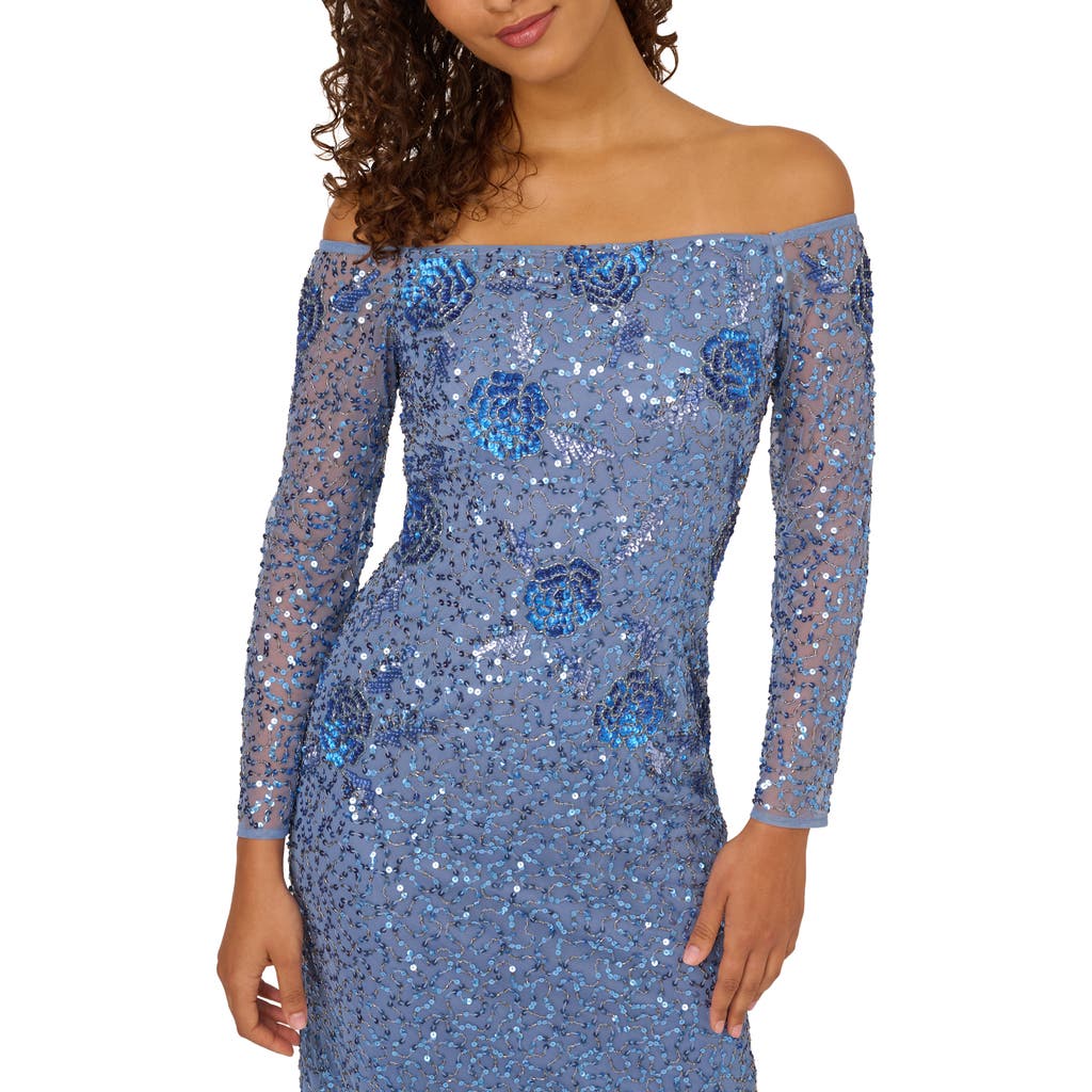 ADRIANNA PAPELL ADRIANNA PAPELL BEADED OFF THE SHOULDER LONG SLEEVE MESH COLUMN GOWN