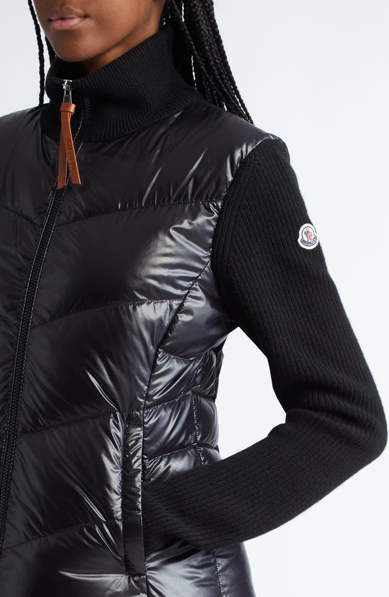 Moncler Quilted Down & Knit Cardigan, Alternate, color, Black