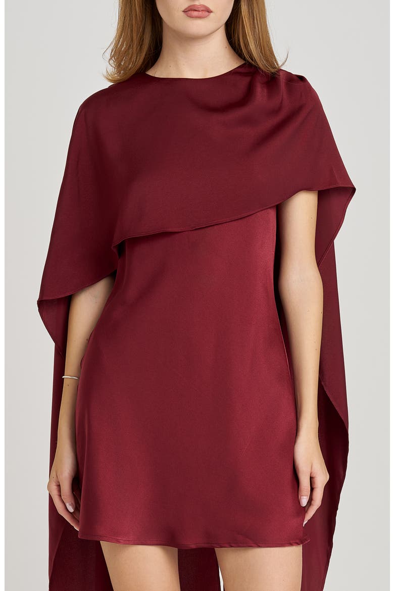 x Sara Walker Elle Capelet Satin Minidress, Alternate, color, MERLOT