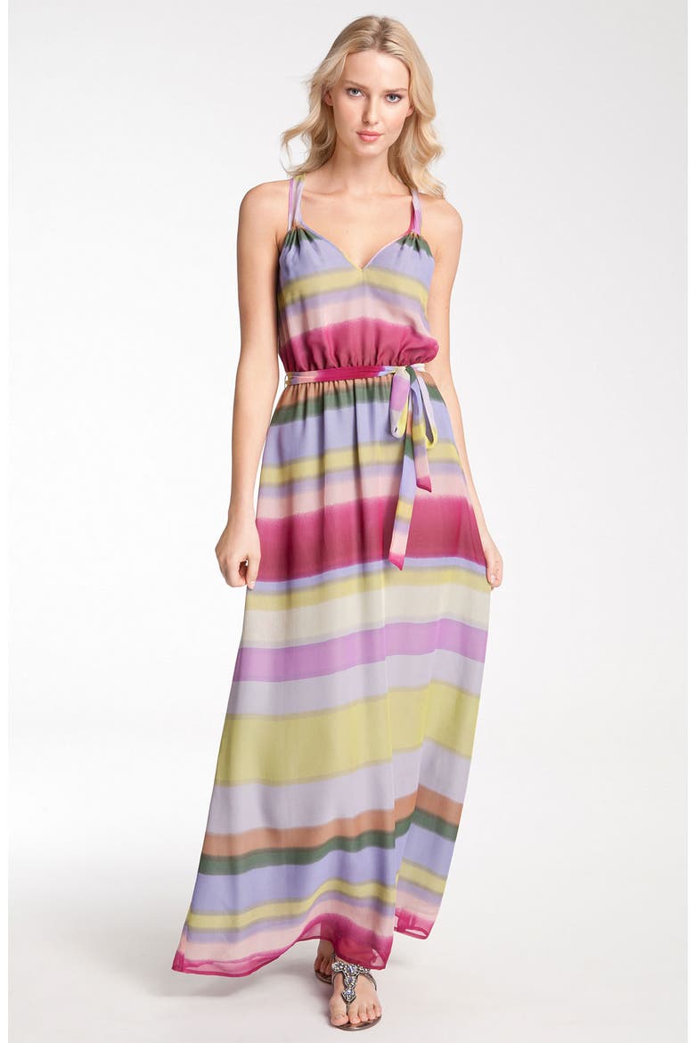 Stripe Tie Waist Silk Chiffon Maxi Dress, Main, color, RED/ PURPLE