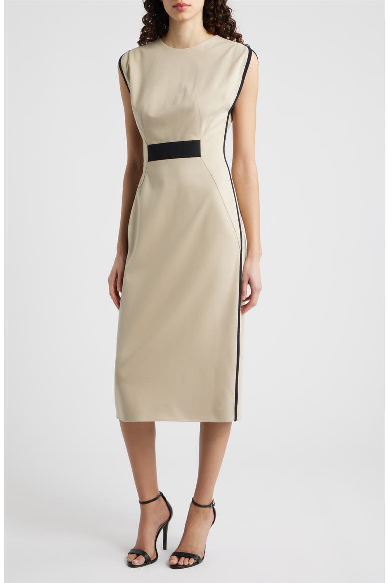 Detira Grosgrain Waist Detail Sheath Midi Dress, Main, color, PUMICE