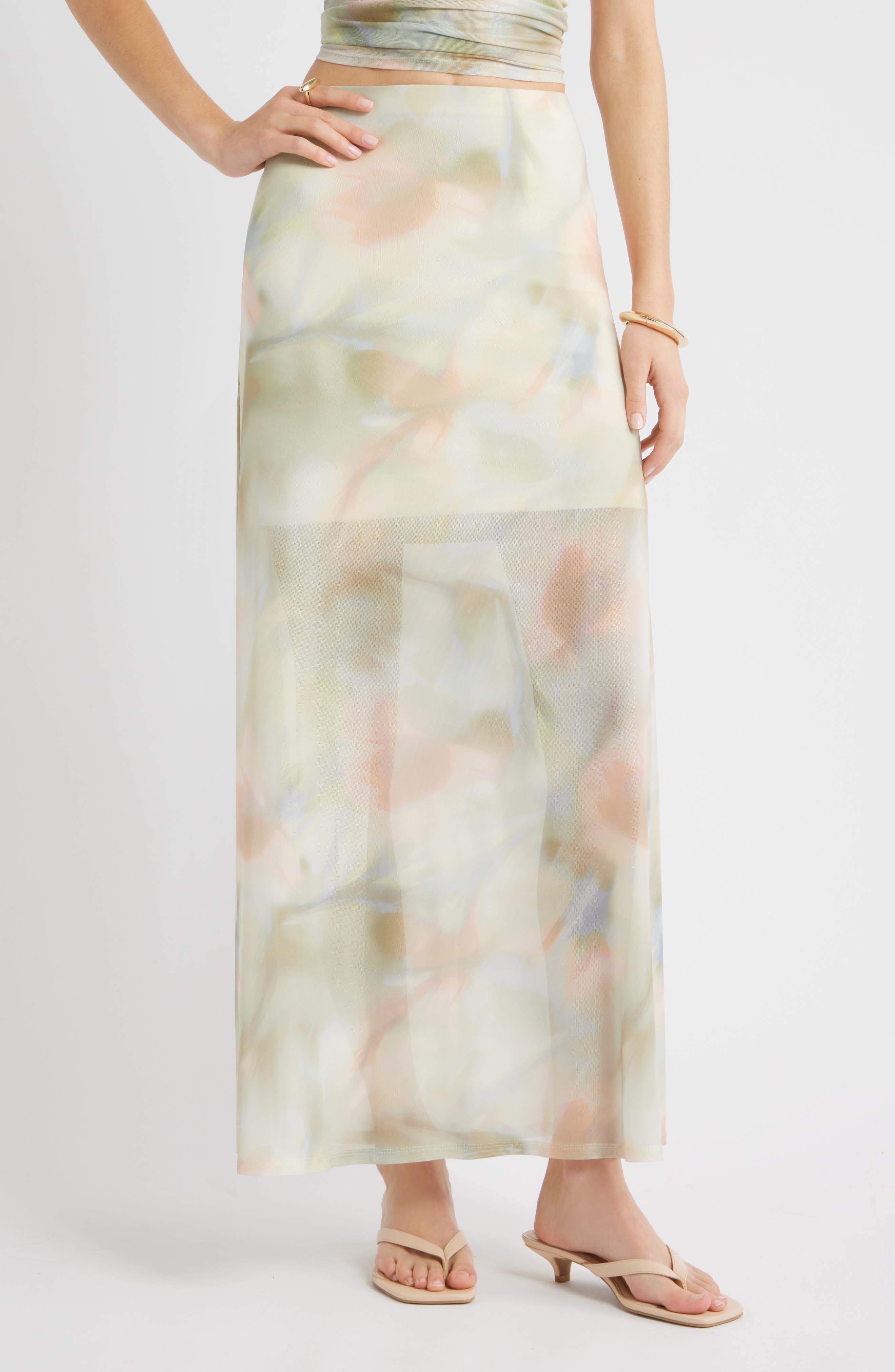 Print Mesh Maxi Skirt