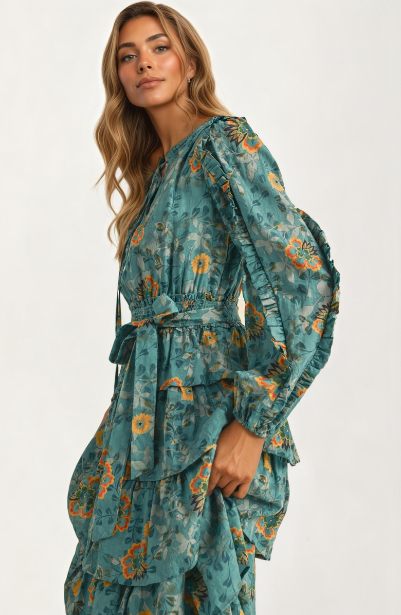 Knit and Lounge Tiered Ruffle Midi Dress with Belted Waist, Alternate, color, 