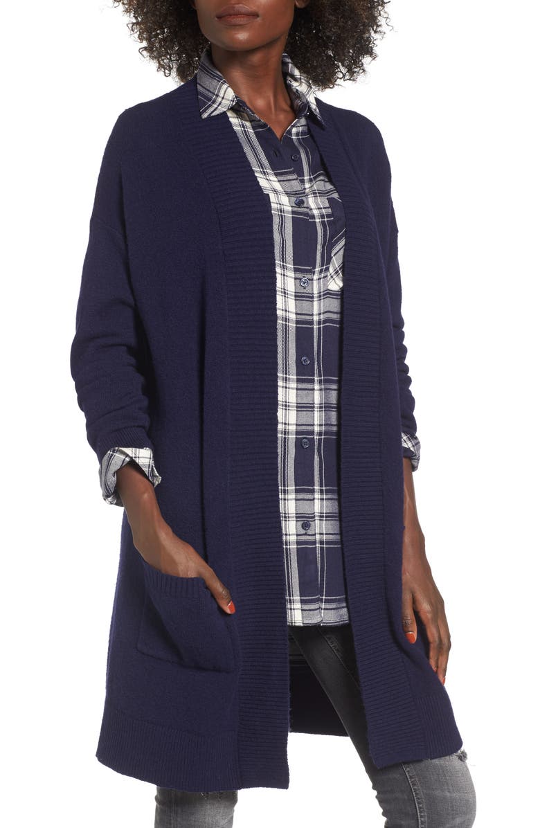 BP. Rib Trim Long Cardigan, Main, color, Navy Evening