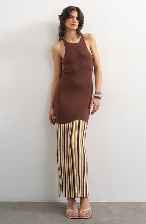 Stripe Hem Knit Halter Maxi Dress