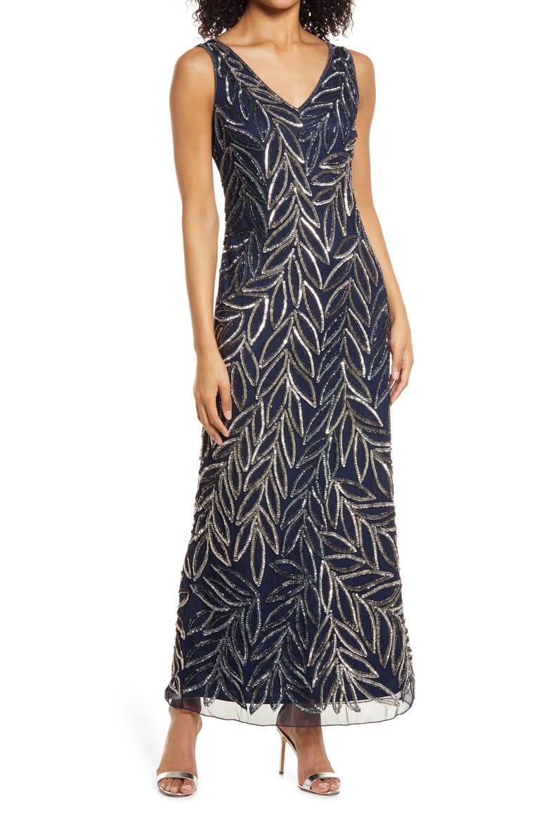 Beaded Column Gown, Main, color, NAVY