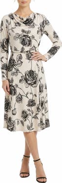 London Times Cowl Neck Long Sleeve A-Line Dress