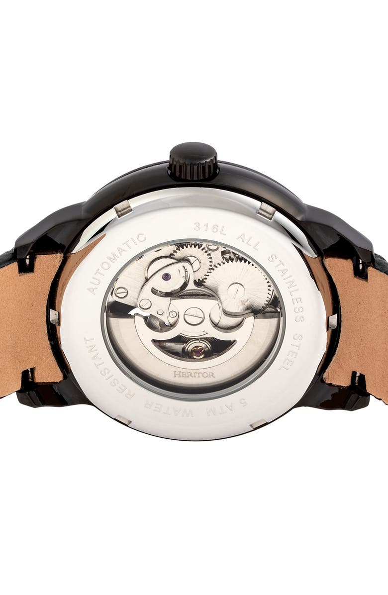 Heritor Automatic Sanford Semi-Skeleton Leather-Band Watch, Alternate, color, Black