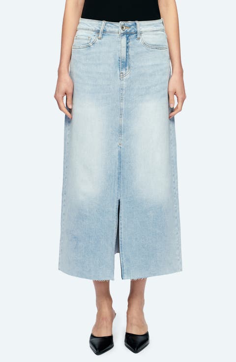 Raw Hem Denim Midi Skirt