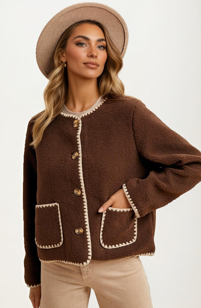 Knit and Lounge Button Front Contrast Trim Fleece Jacket, Alternate, color, Brown