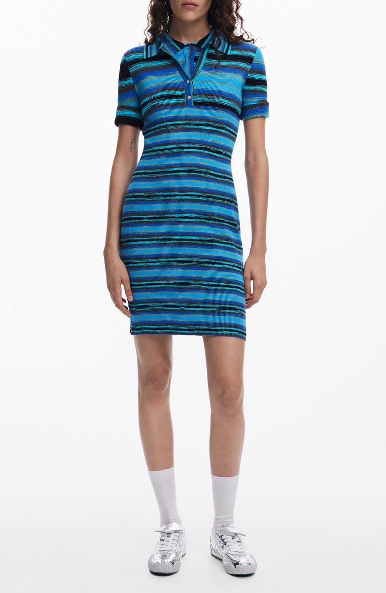 Desigual Variegated Stripe Short Sleeve Sweater Dress, Main, color, Royal Blue
