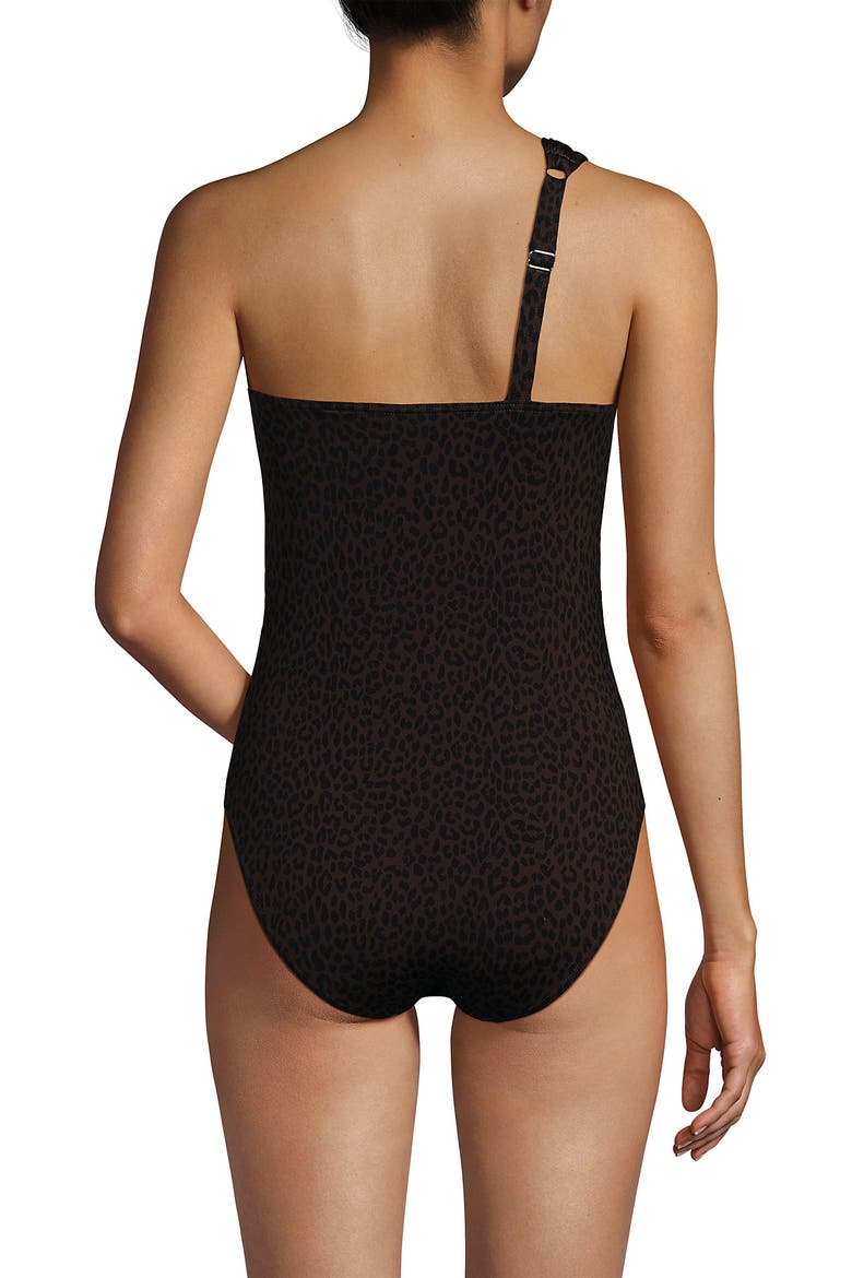 Womens Chlorine Resistant Shirred One Shoulder One Piece Swimsuit Removable Adjustable Strap, Alternate, color, Brown Leopard