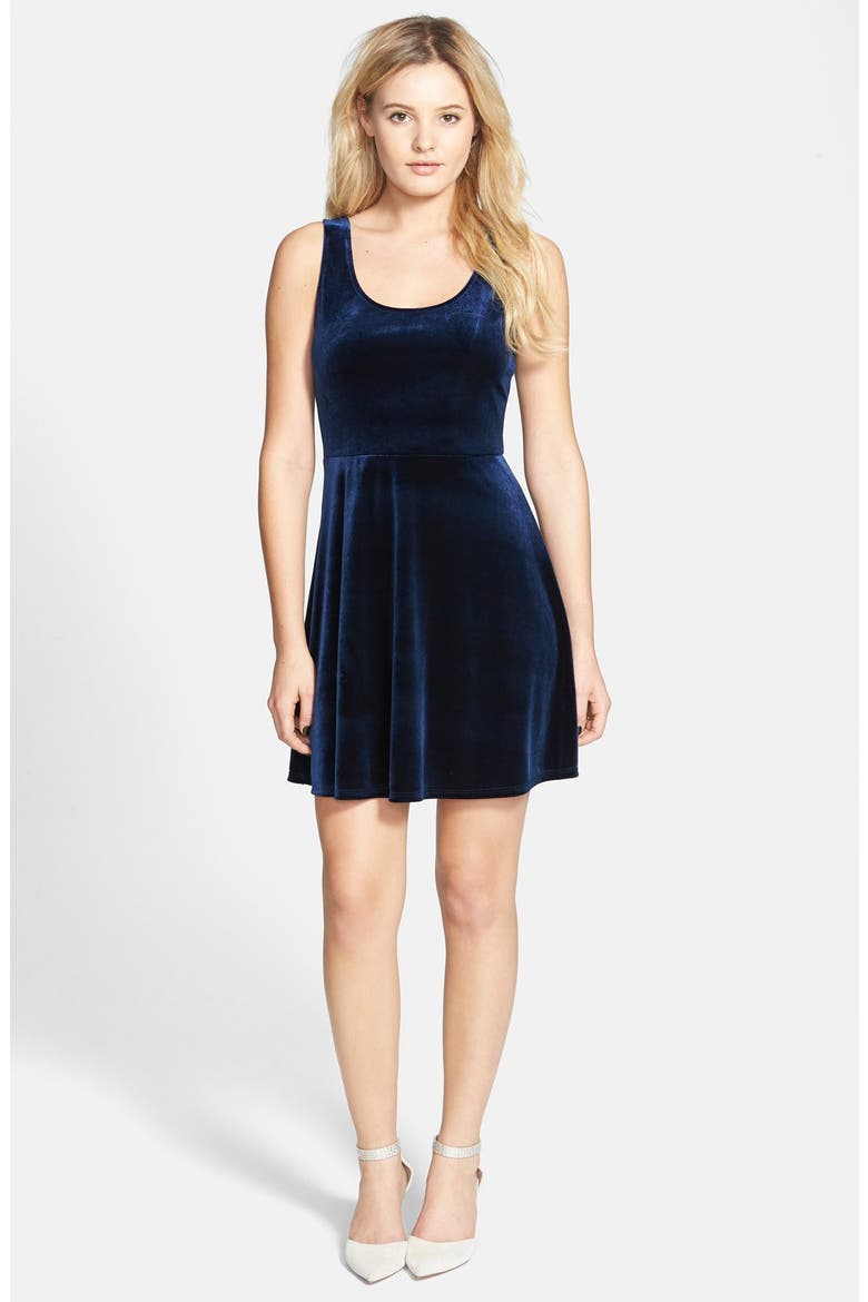 Cutout Back Velvet Skater Dress, Alternate, color, NAVY