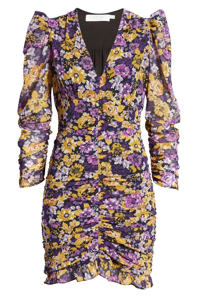 Ruched Long Sleeve Minidress, Alternate, color, MUSTARD PURPLE FLORAL