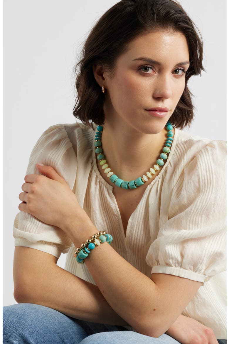 Set of 2 Beaded Stretch Bracelets, Alternate, color, TURQUOISE MULTI- GOLD