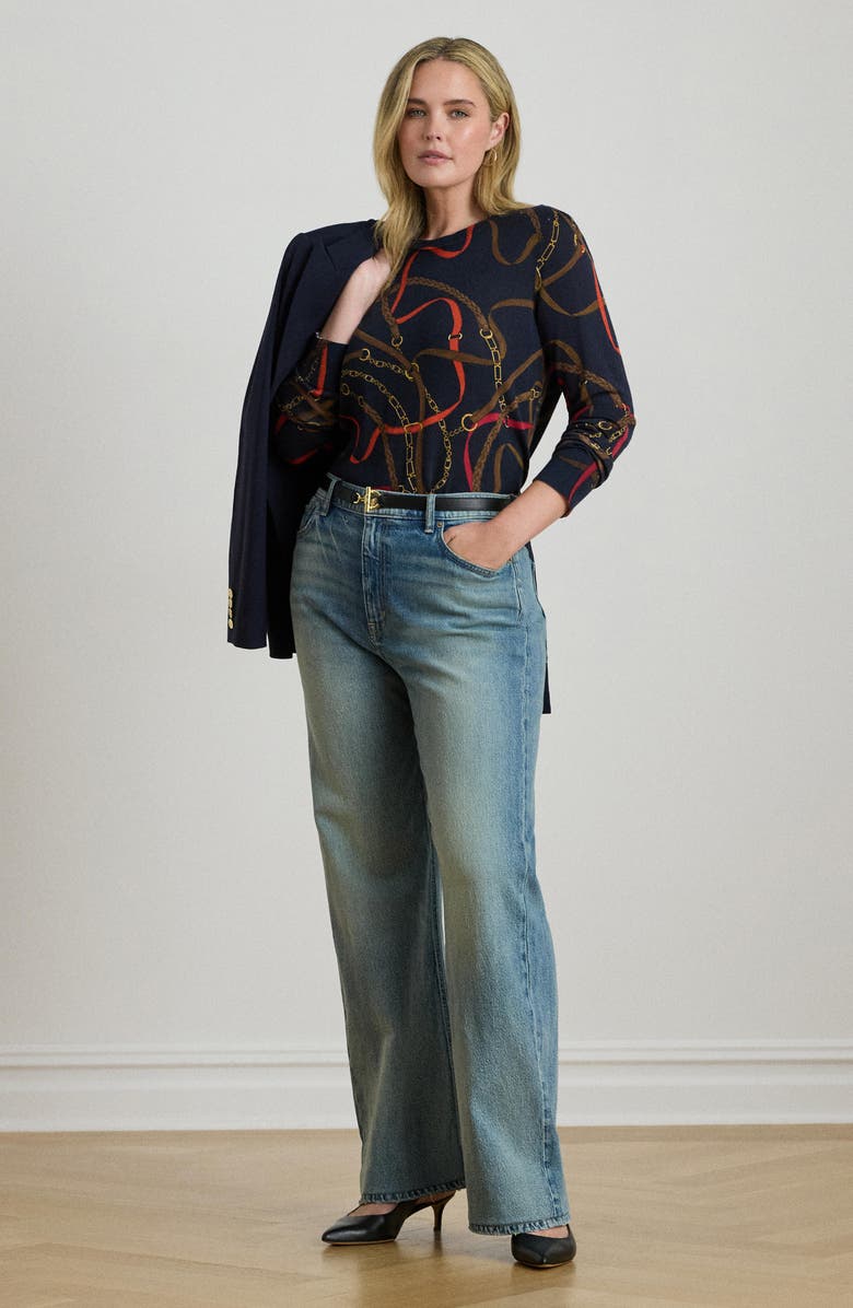 Lauren Ralph Lauren Belting Print Cotton Blend Sweater, Alternate, color, Navy Multi