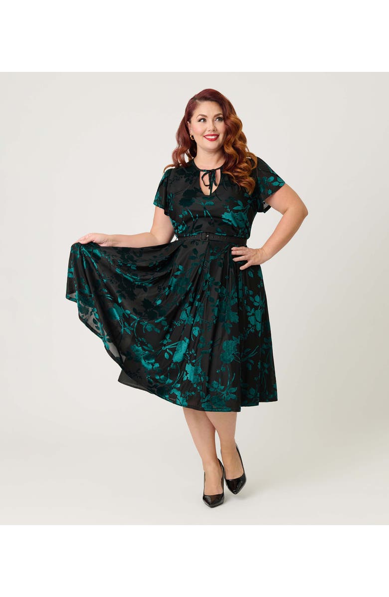 Unique Vintage Plus Size Short Petal Sleeve Tie Neck Dahlia Swing Dress, Main, color, Teal