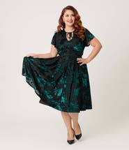 Unique Vintage Plus Size Short Petal Sleeve Tie Neck Dahlia Swing Dress