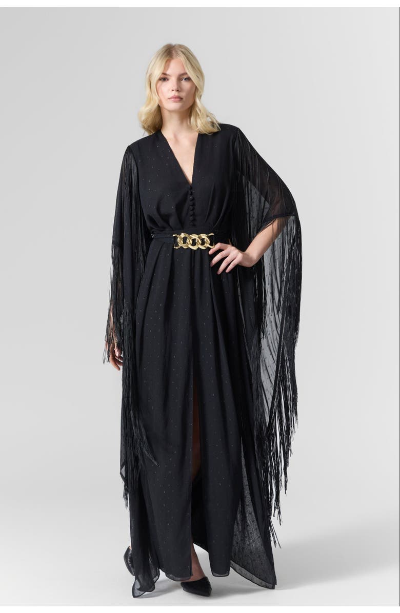 Le Fafo Luna Fringe Belted Gown Dress, Alternate, color, Black