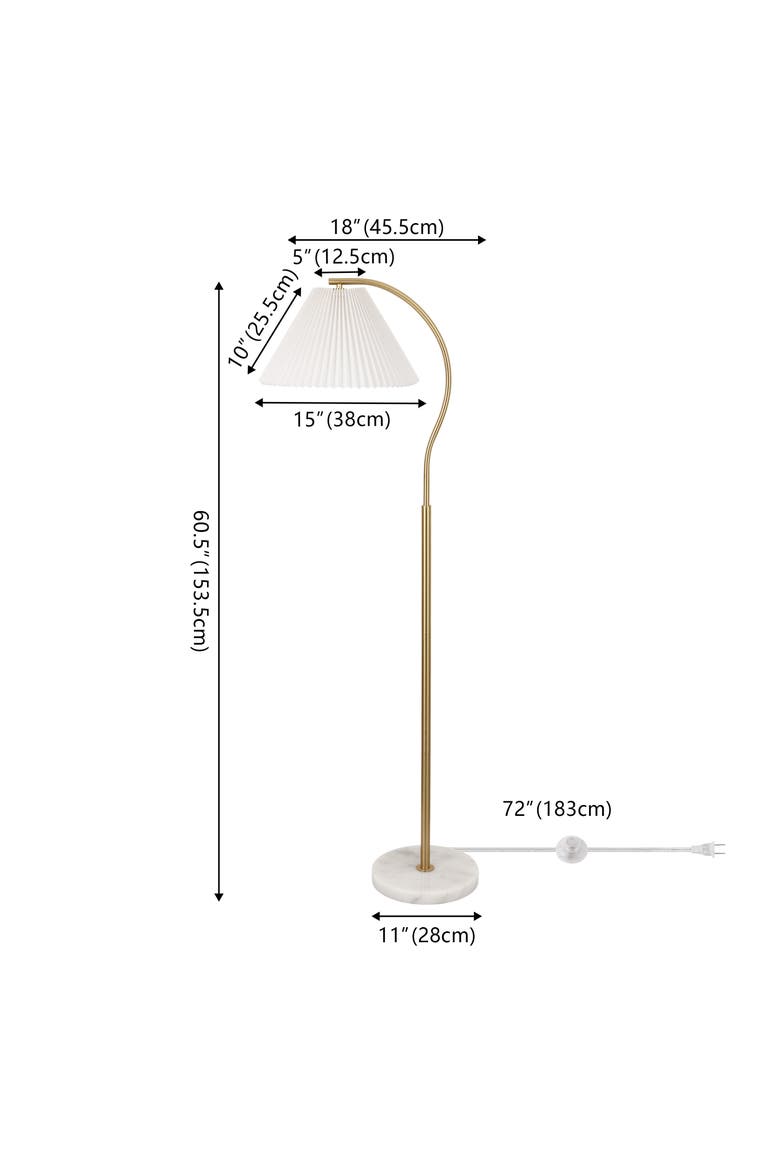 Devon Modern Glam Metal Arc LED Floor Lamp with Pleated Shade, Alternate, color, Brass Gold/Marble