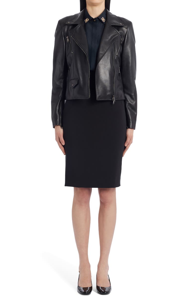 Dolce&Gabbana Crystal Logo Leather Biker Jacket, Alternate, color, 