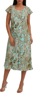 SUNNY LEIGH Printed Pleated Fluttery Sleeve Midi Dress