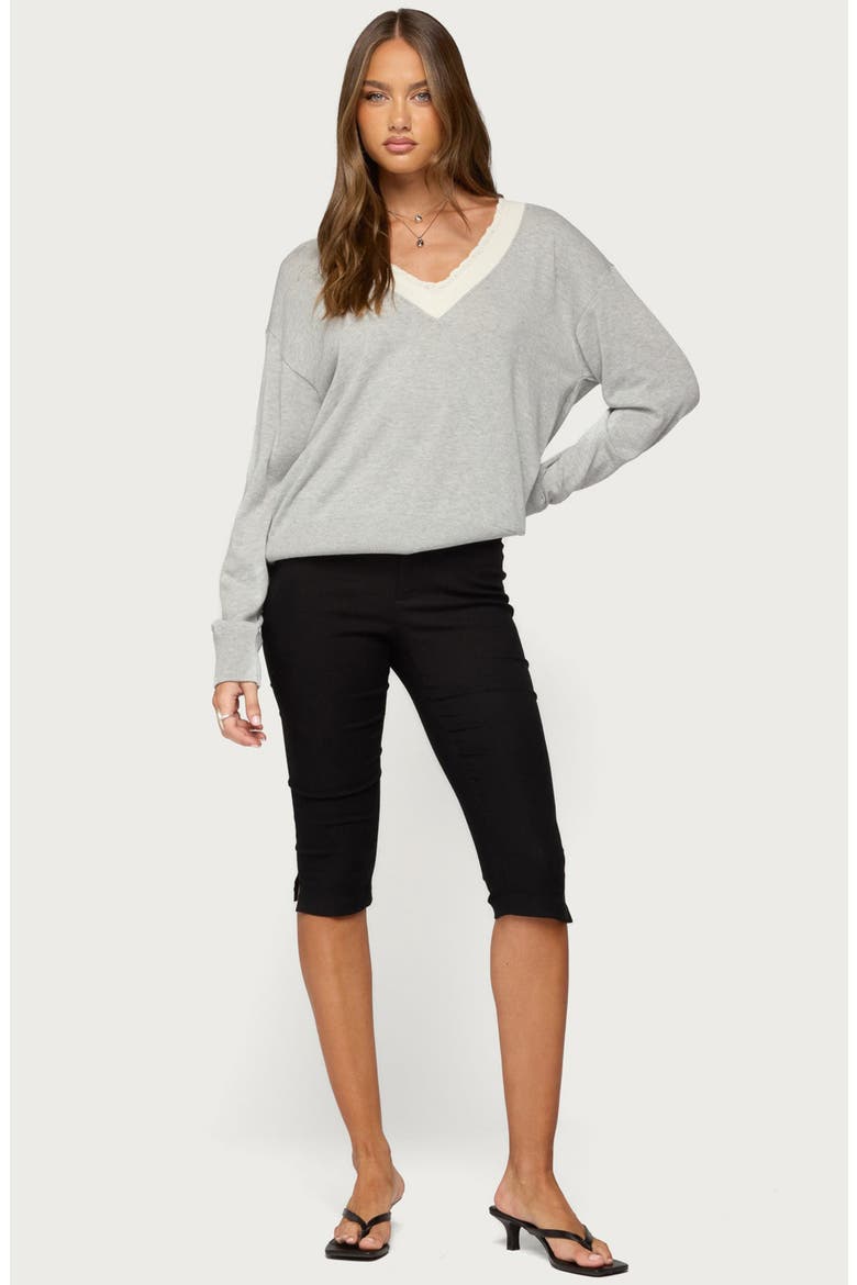 Marie Lace Trim V-Neck Sweater, Alternate, color, GRAY-MELANGE