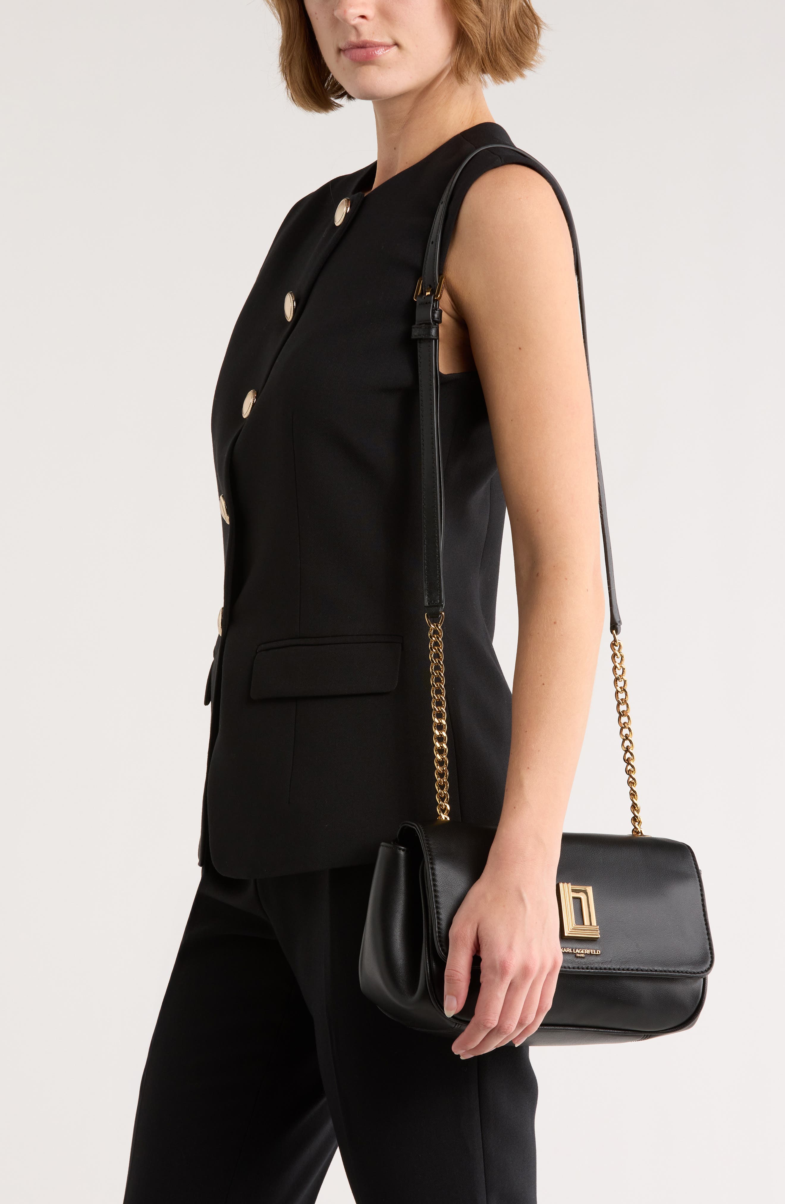 KARL LAGERFELD PARIS Delaine Leather Crossbody Bag, Alternate, color, Black/ Gold