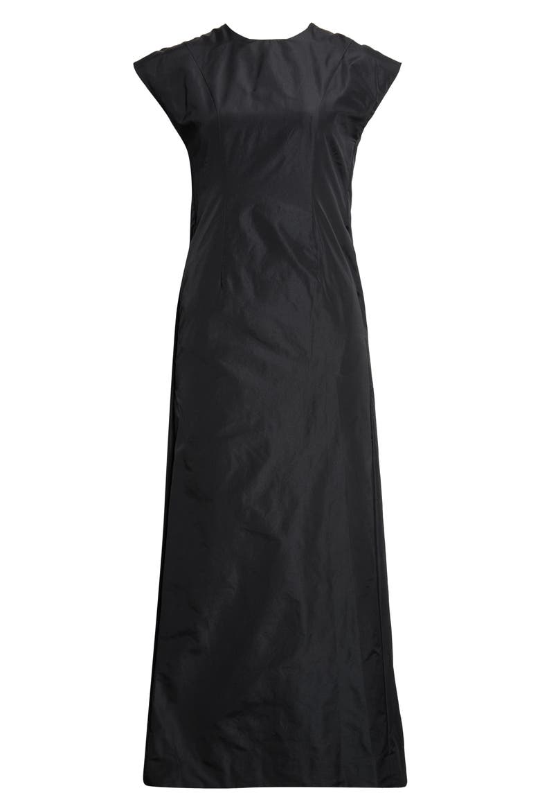 Fitted Back Ruched Detail Chain Taffeta Maxi Dress, Alternate, color, BLACK