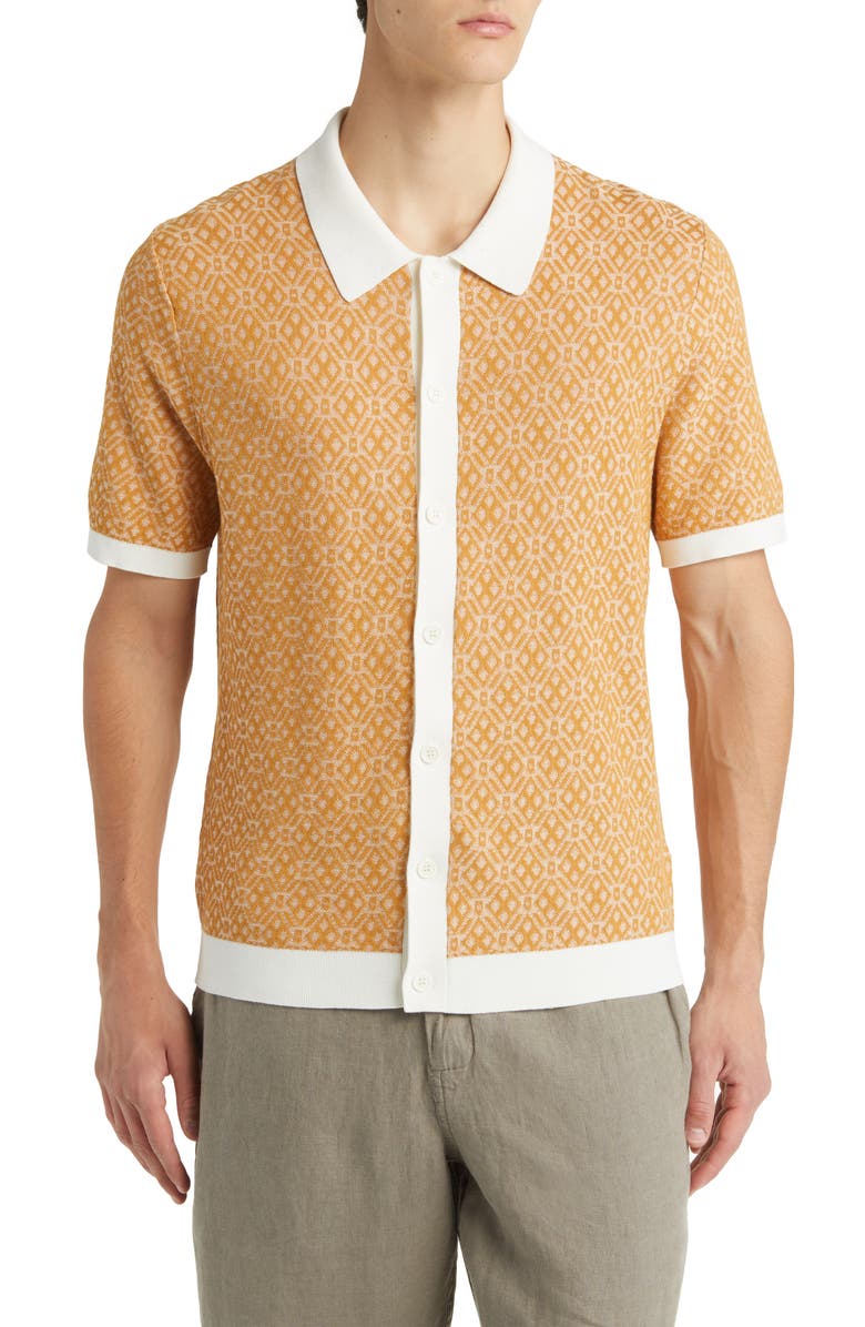 Wax London Tellaro Tile Print Short Sleeve Knit Cotton Button-Up Shirt, Main, color,