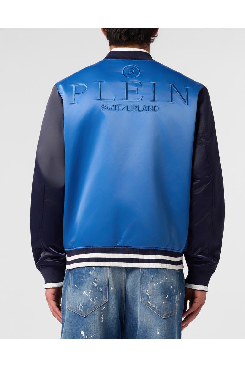 Satin College Bomber Plein Logo Men, Alternate, color, middleblue