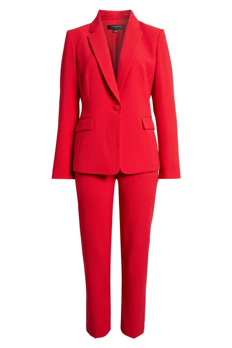 One-Button Crepe Jacket & Pants Set, Alternate, color, RED