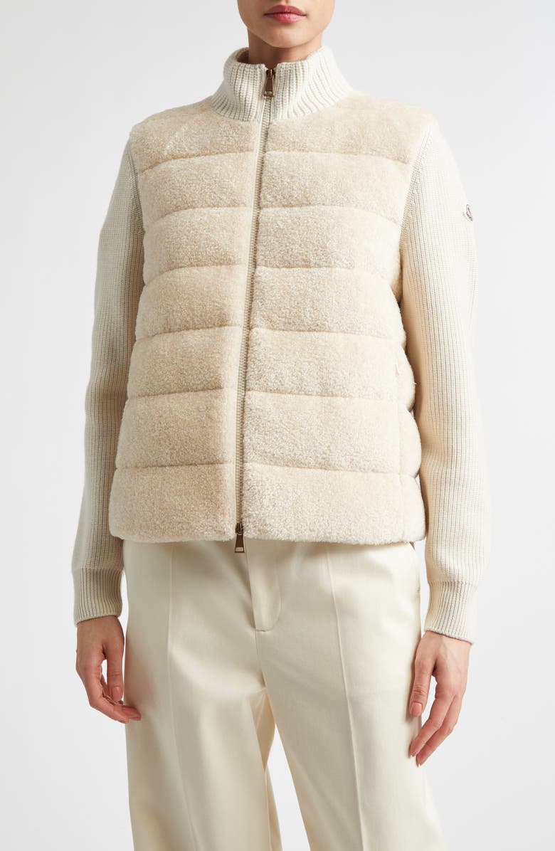 Moncler Teddy & Merino Wool Down Zip Cardigan, Main, color, Ivory