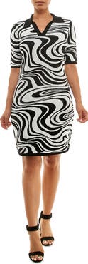 Nina Leonard Johnny Collar Groovy Swirl Jacquard Sweater Dress