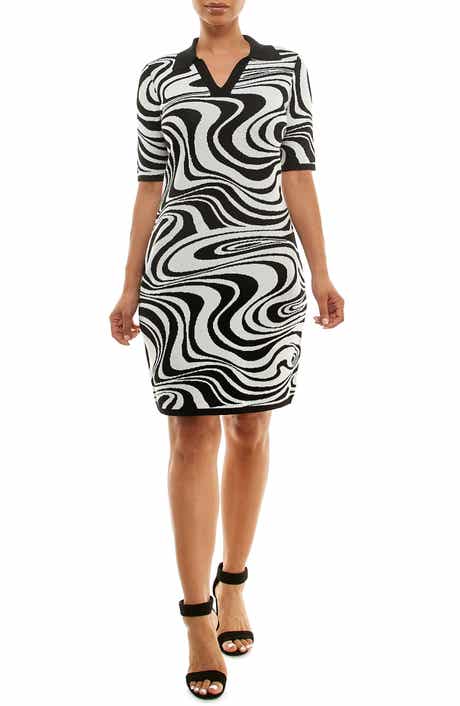 Nina Leonard Johnny Collar Groovy Swirl Jacquard Sweater Dress