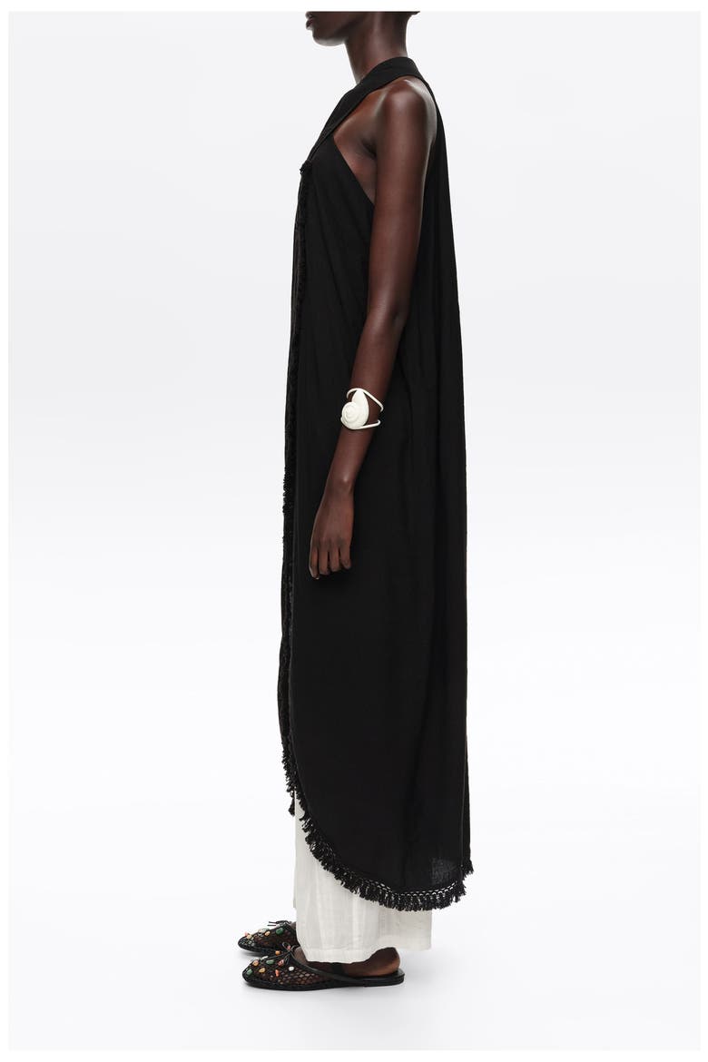 Fringed Wrap Midi Dress, Alternate, color, BLACK