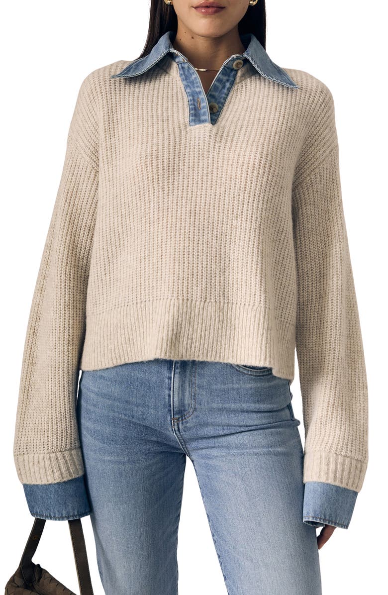 LE JEAN Harvey Mixed Media Sweater, Main, color, Superlight Denim/ Oatmeal
