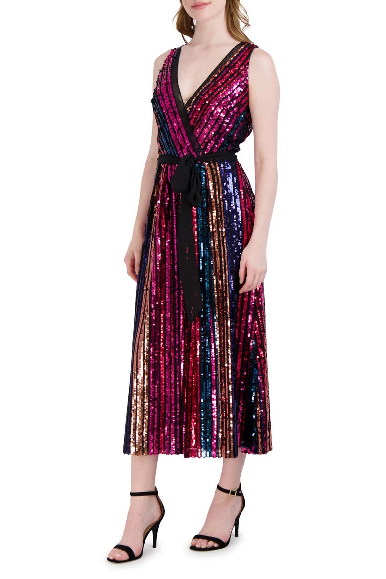 Rainbow Sequin Stripe Fit & Flare Cocktail Dress, Alternate, color, PINK MULTI