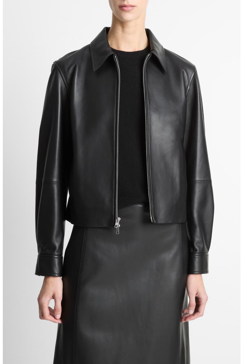 Zip Crop Leather Jacket, Main, color, BLACK