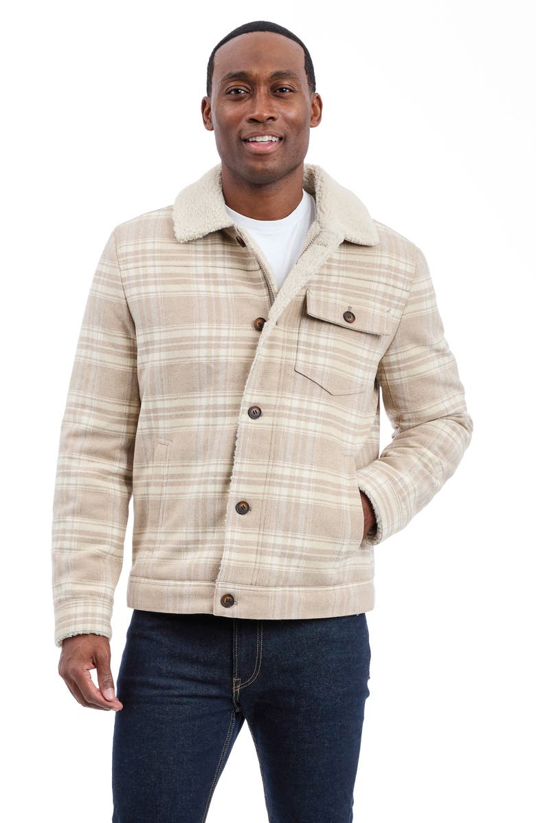Lucky Brand Plaid Faux Shearling Lined Trucker Jacket, Alternate, color, Beige Plaid