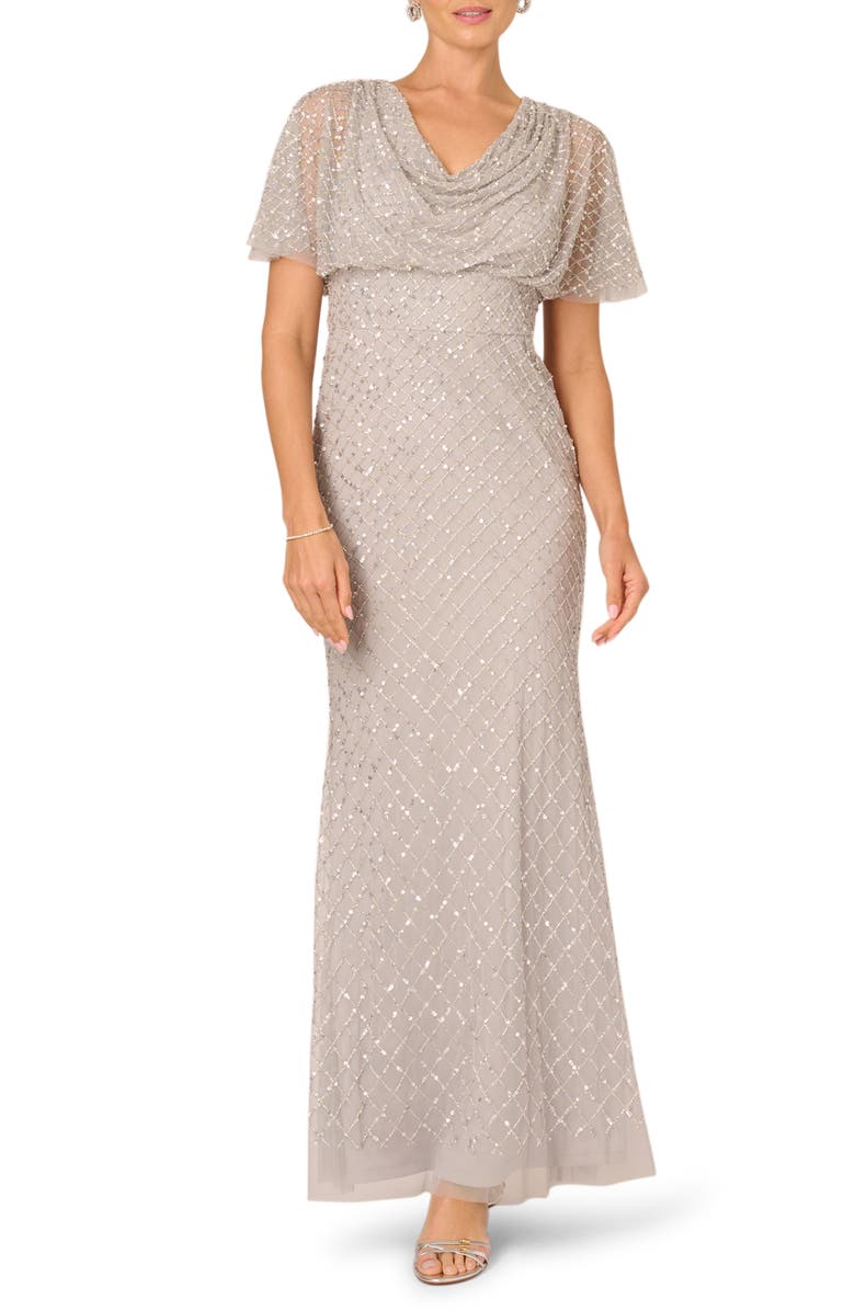 Adrianna Papell Beaded Cowl Neck Evening Gown, Main, color, Crystal Silver