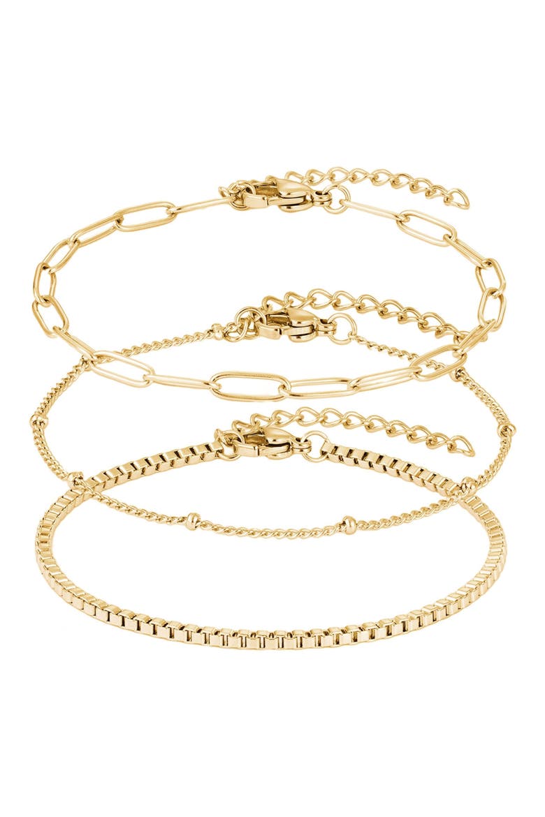 Tarnish Resistant Set of 3 Assorted Chain Bracelets, Main, color, GOLD