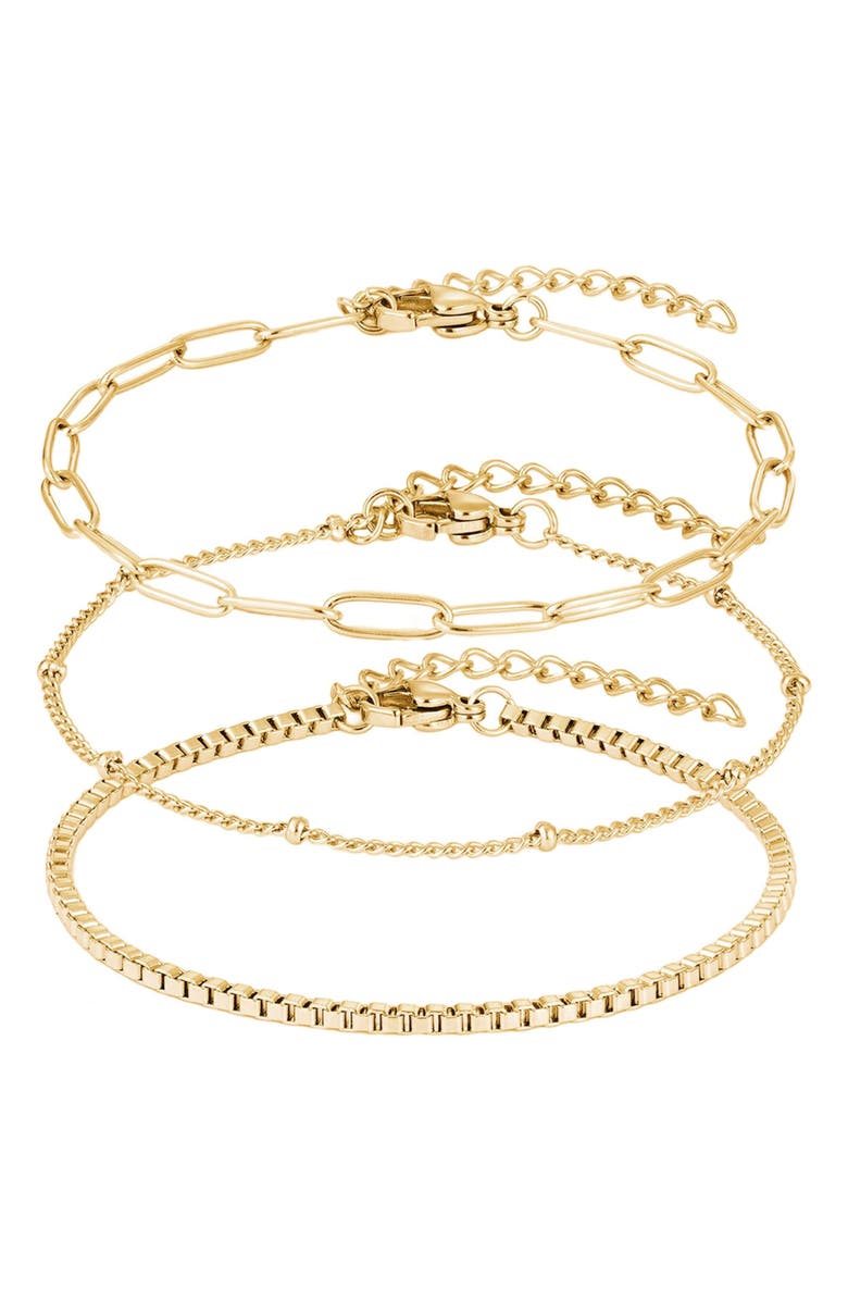 Adornia Tarnish Resistant Set of 3 Assorted Chain Bracelets, Main, color, Gold