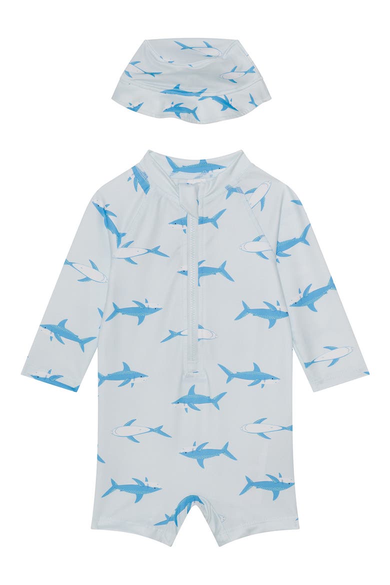 Shark Long Sleeve One-Piece Rashguard Swimsuit & Hat Set, Main, color, SHARKS
