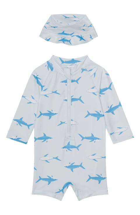 Shark Long Sleeve One-Piece Rashguard Swimsuit & Hat Set (Baby)